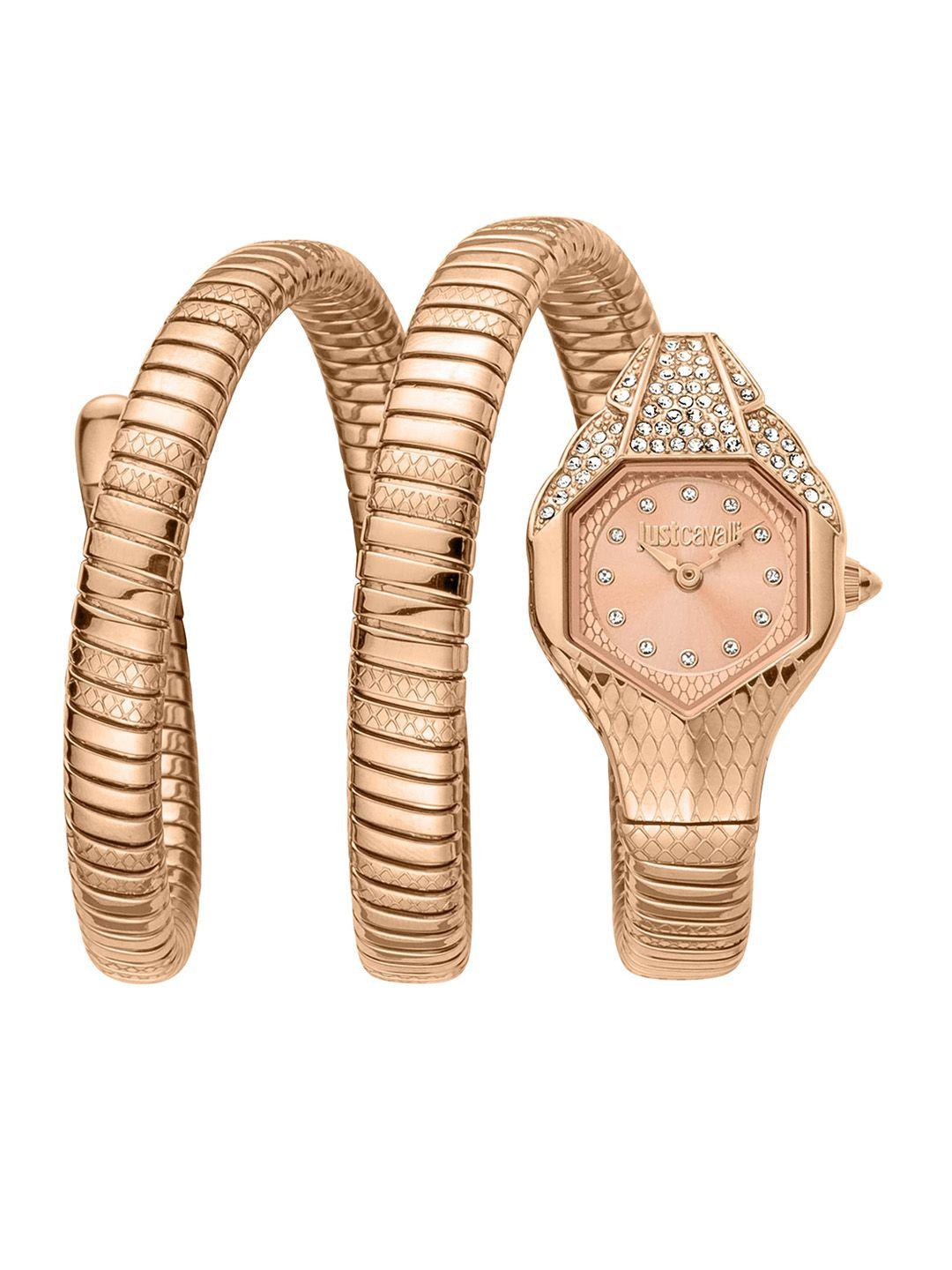 Just Cavalli Women Rose Gold-Toned Embellished Dial & Rose Gold-Plated Stainless Steel Wrap Around Straps Watch