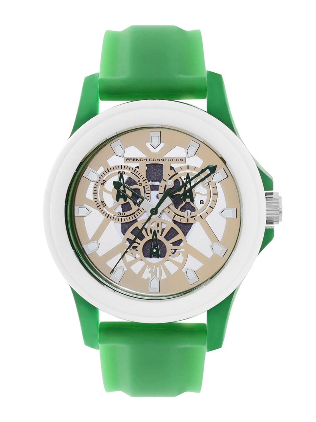 French Connection Men White Skeleton Dial & Green Straps Analogue Watch FC178GR-White