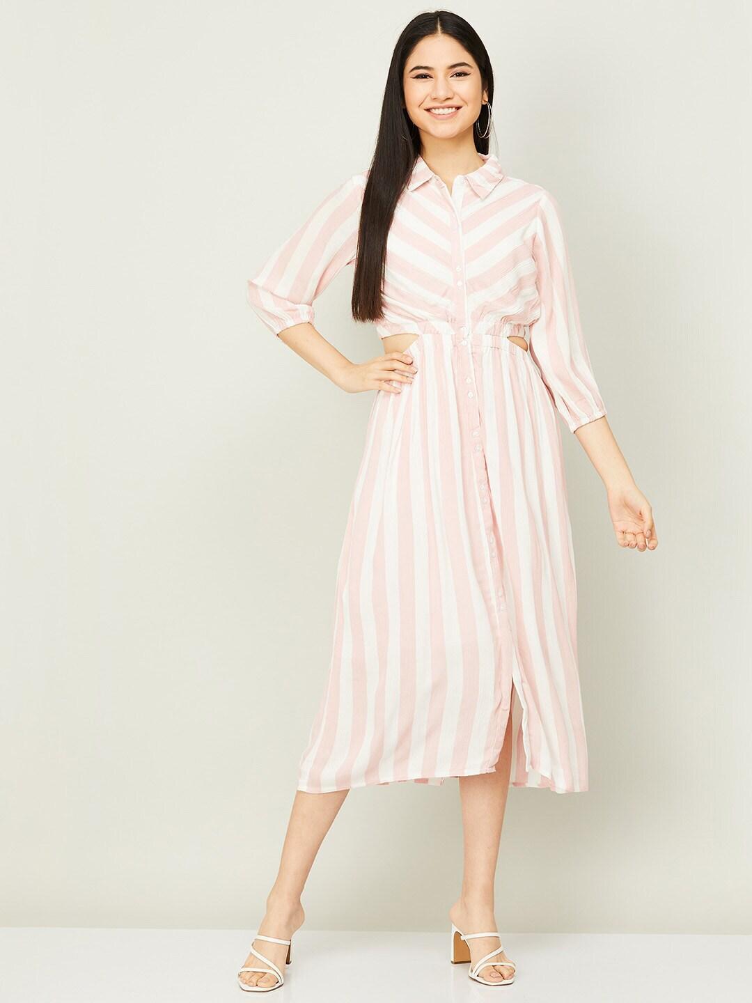 CODE by Lifestyle Women Pink & White Striped Viscose Rayon Shirt Dress