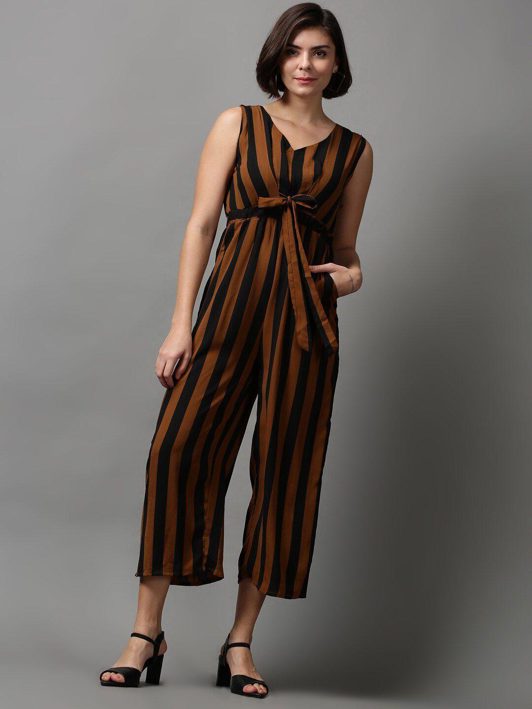 showoff-brown-&-black-striped-basic-jumpsuit