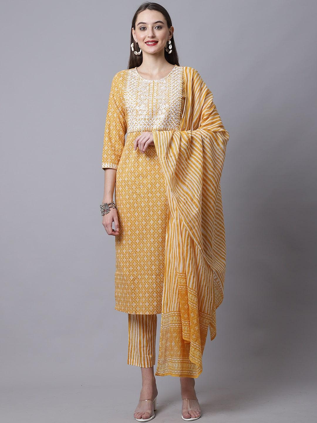 Rajnandini Women Mustard Yellow Ethnic Motifs Embroidered Pure Cotton Kurta with Trousers & With Dupatta