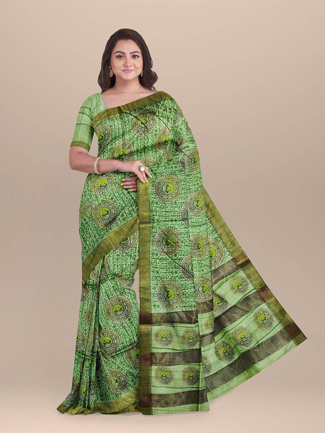 the-chennai-silks-green-&-gold-toned-floral-zari-jute-cotton-saree