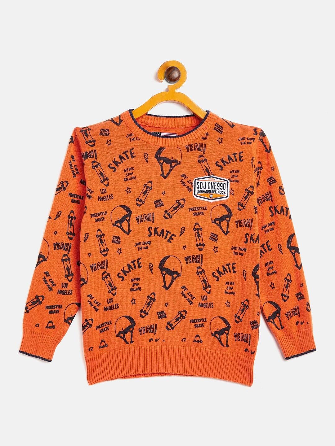 Duke Boys Orange & Navy Blue Acrylic Printed Pullover Sweater