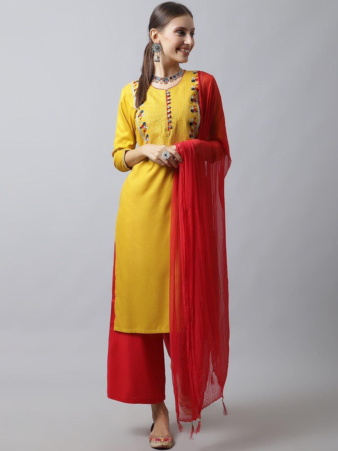 Tulsattva Women Mustard Yellow Floral Embroidered Kurta with Trousers And Dupatta
