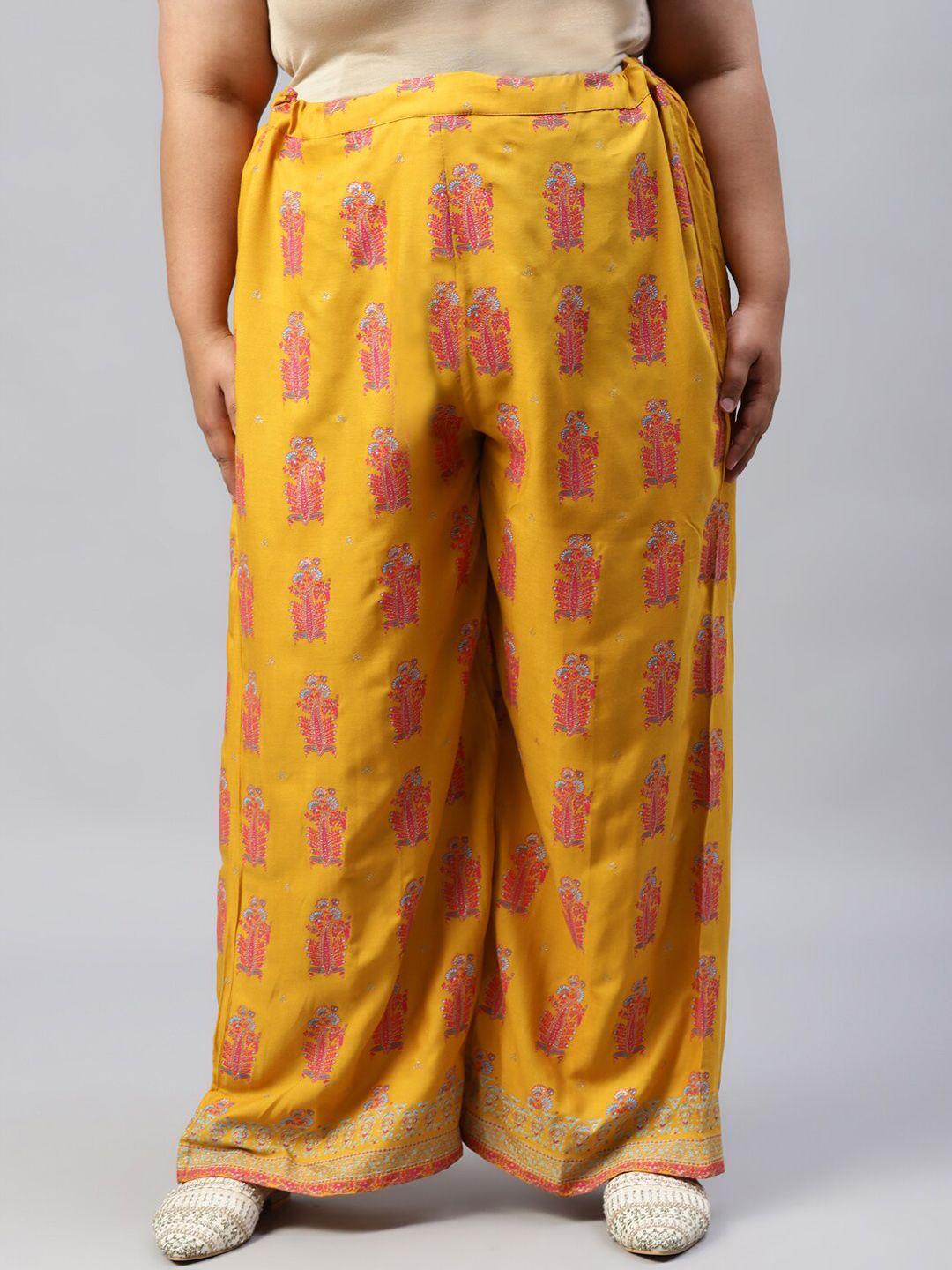 w-women-yellow-printed-pleated-trousers
