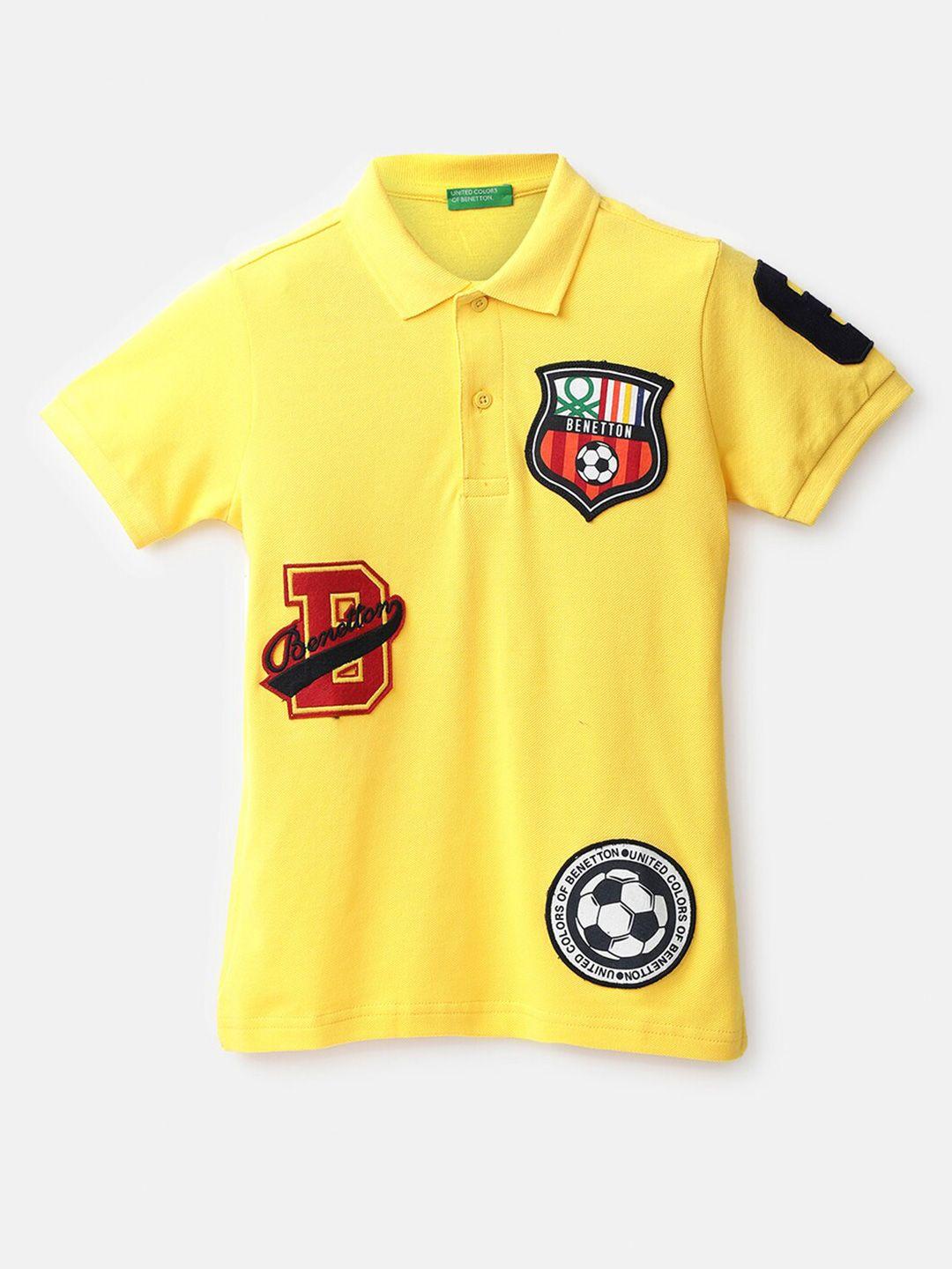 United Colors of Benetton Boys Yellow & Red Cotton Printed Polo Collar T-shirt