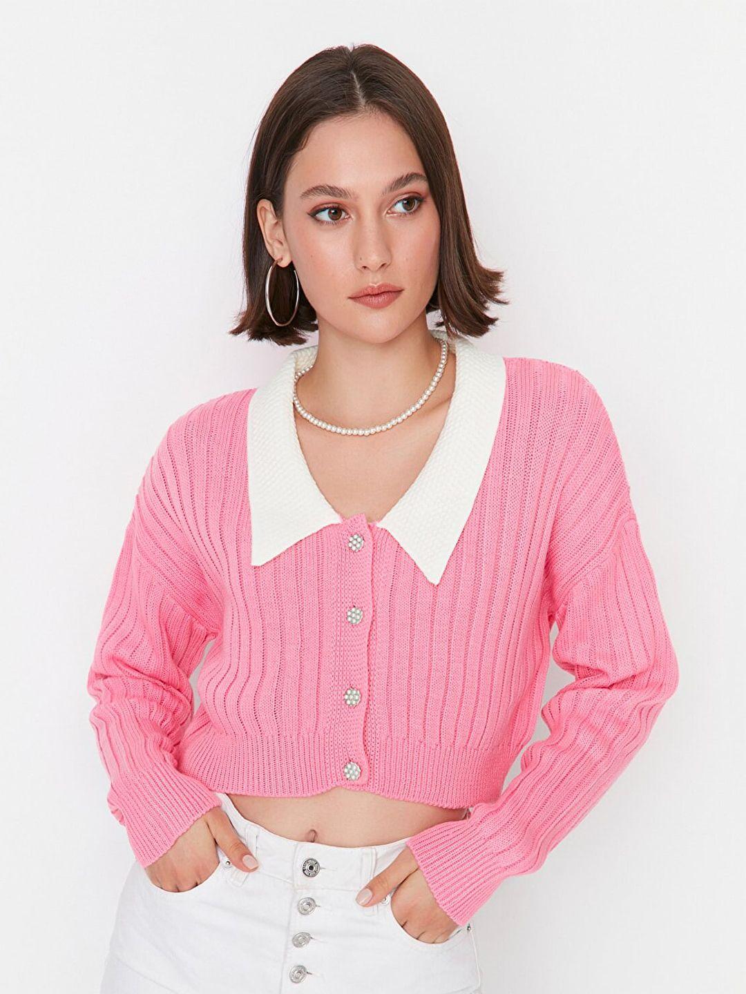 Trendyol Pink & White Striped Extended Sleeves Shirt Style Crop Top