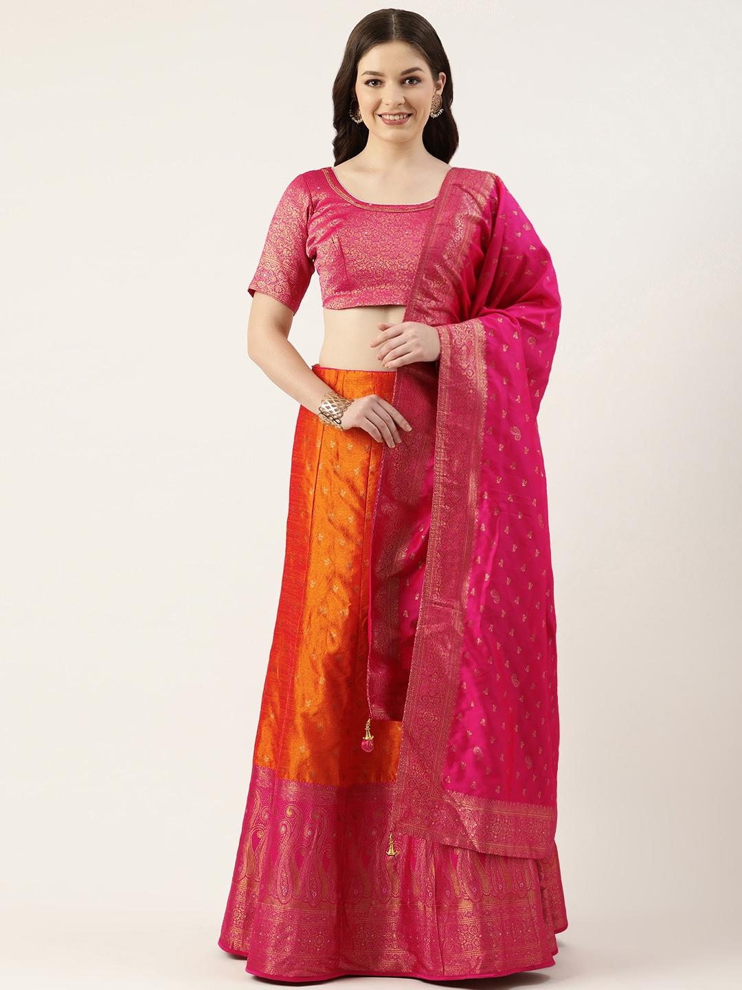 pothys-mustard-&-pink-sequinned-unstitched-lehenga-&-blouse-with-dupatta