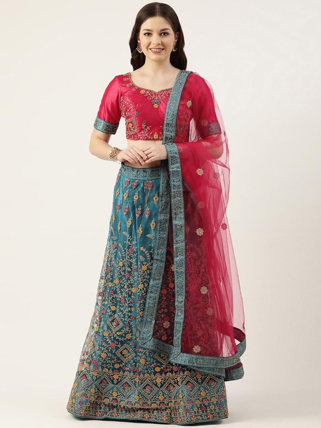 pothys-turquoise-blue-&-red-thread-work-unstitched-lehenga-&-blouse-with-dupatta