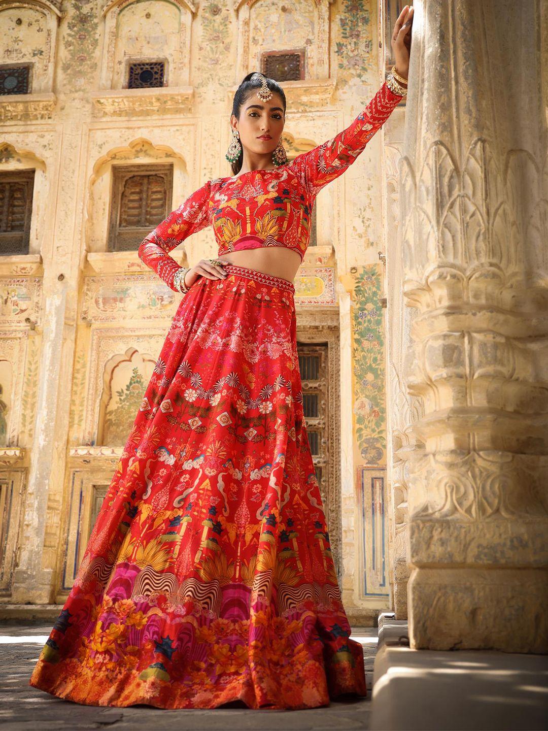 SCAKHI Red & Pink Printed Sequinned Ready to Wear Lehenga & Choli