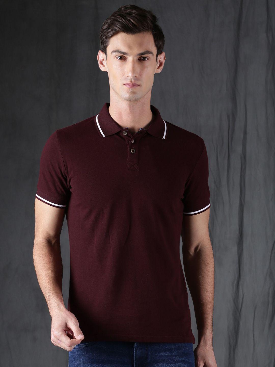 WROGN Men Burgundy Solid Polo Pure Cotton T-shirt