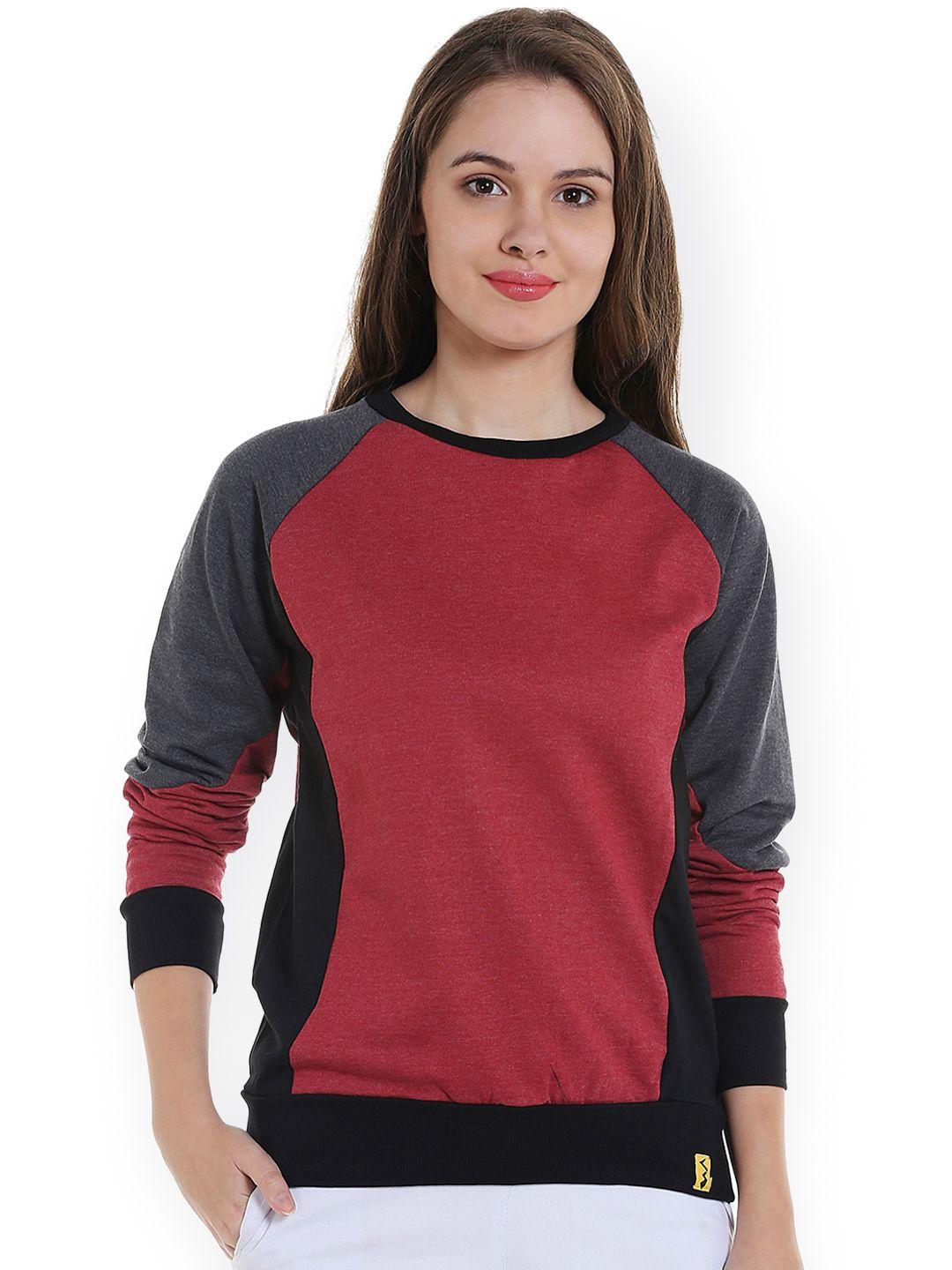 campus-sutra-women-maroon-&-grey-colourblocked-sweatshirt