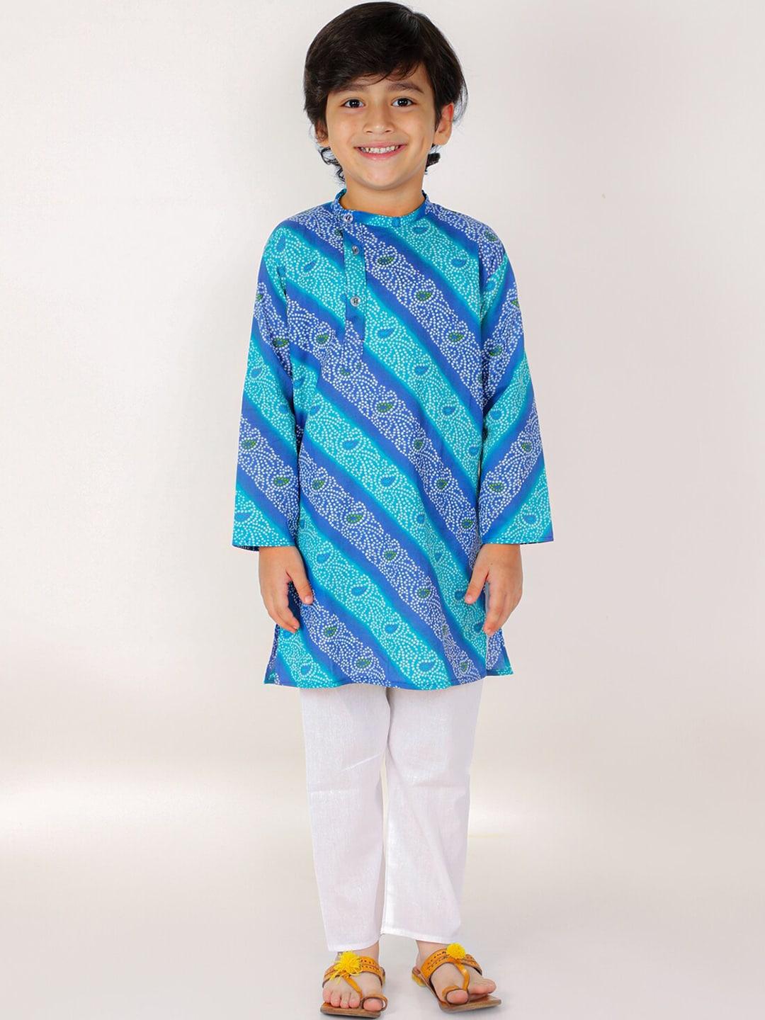 The Mom Store Boys Blue Bandhani Printed Pure Cotton Kurta with Pyjamas