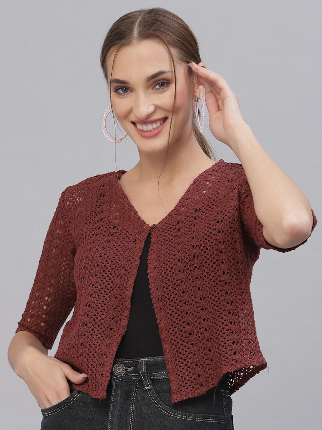 style-quotient-women-maroon-self-design-crop-knitted-shrug