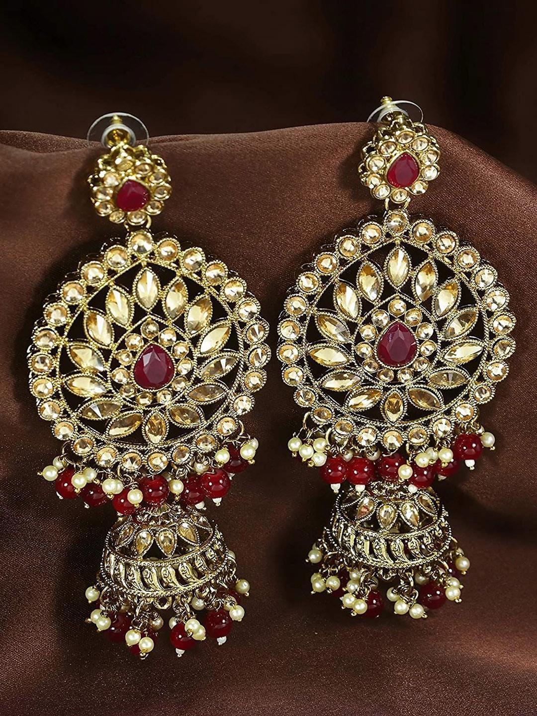 I Jewels Maroon Gold-Plated Contemporary Drop Earrings