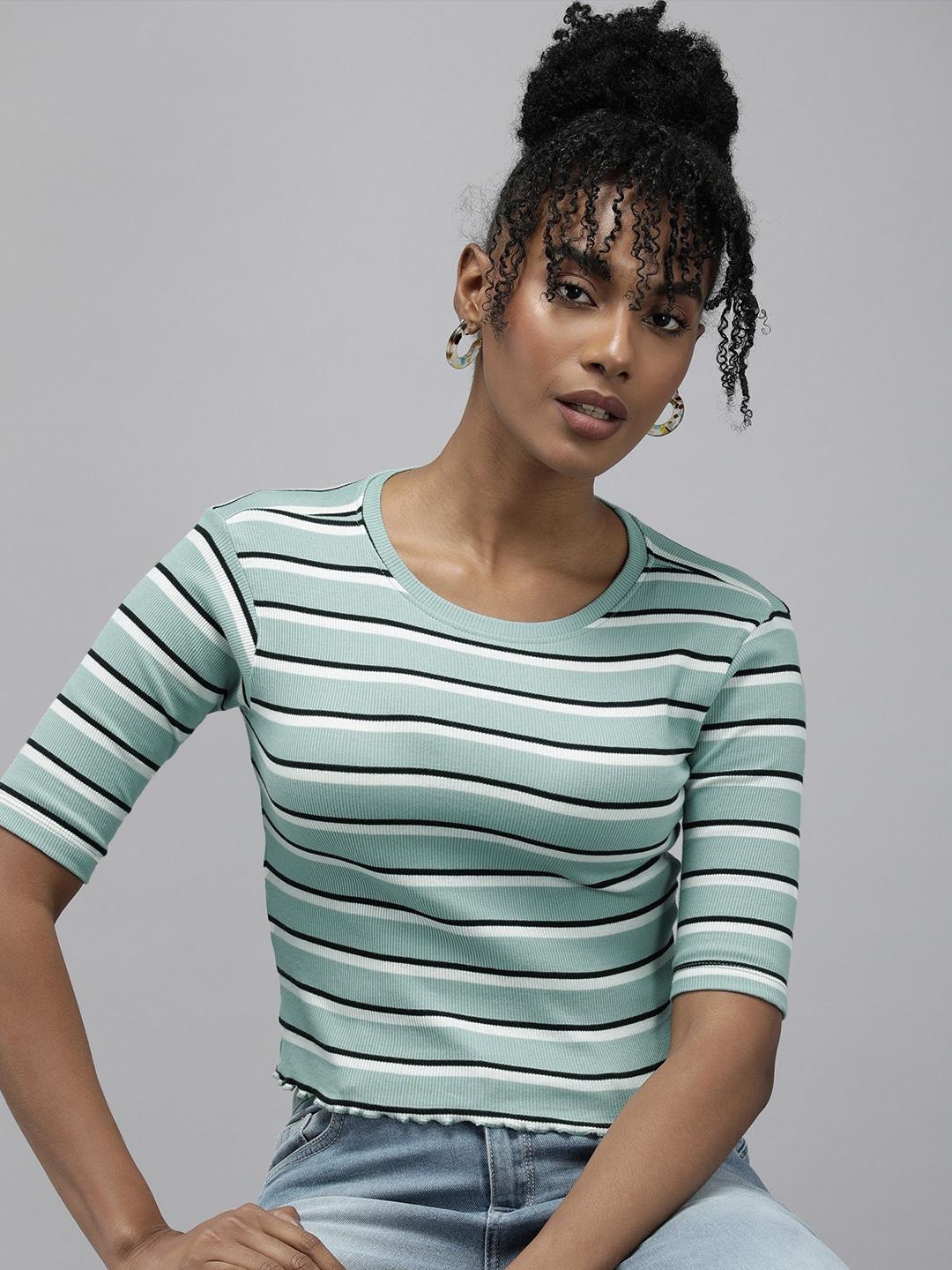 The Roadster Life Co. Striped Round-Neck Crop T-shirt