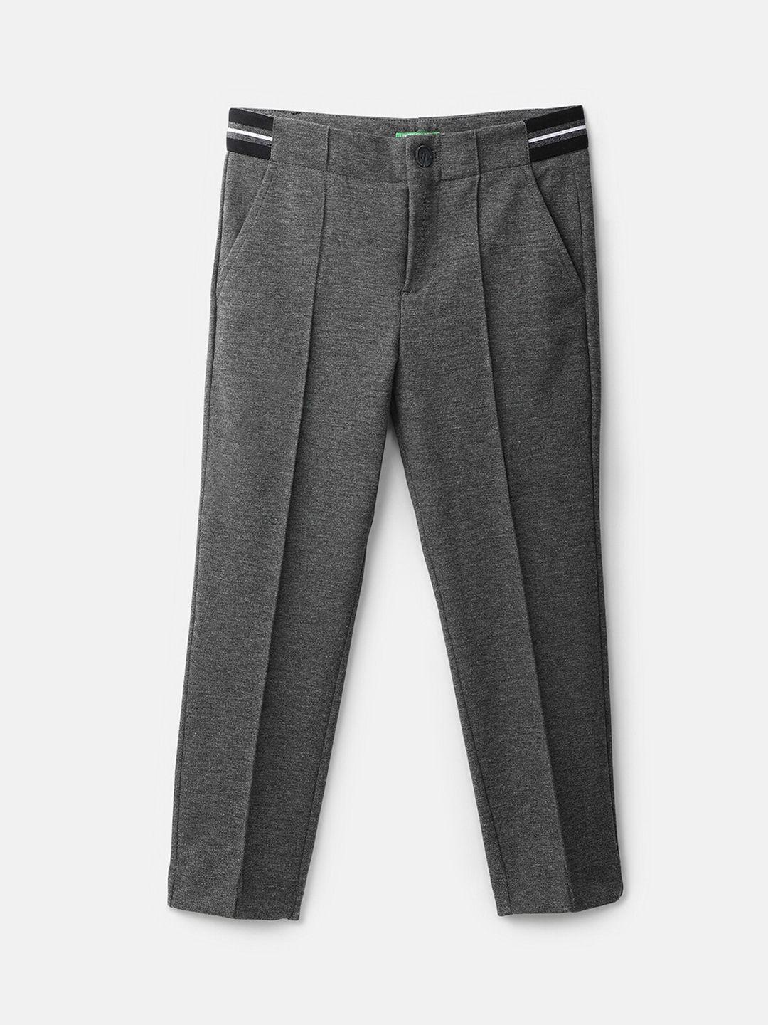 United Colors of Benetton Boys Grey Solid Slim Fit Pleated Trousers