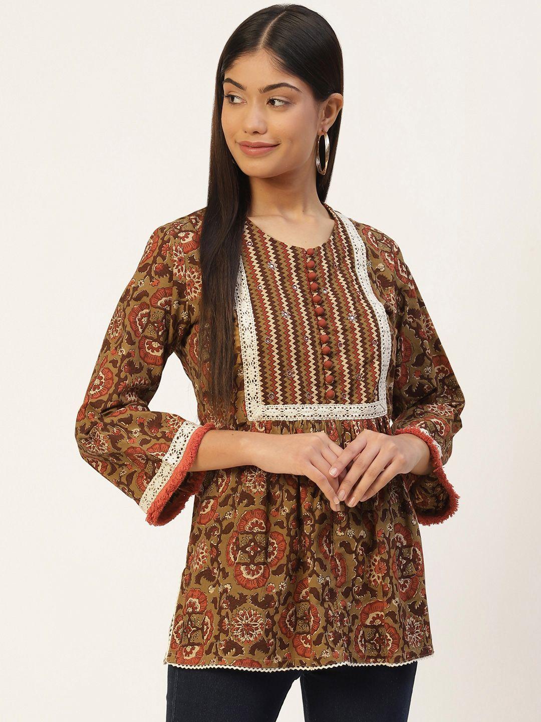 jaipur-morni-women-mustard-yellow-&-brown-pure-cotton-block-print-a-line-top