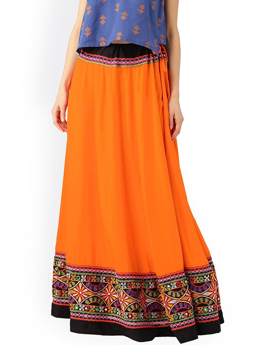 Vastraa Fusion Women Orange Embroidered Flared Maxi Skirts