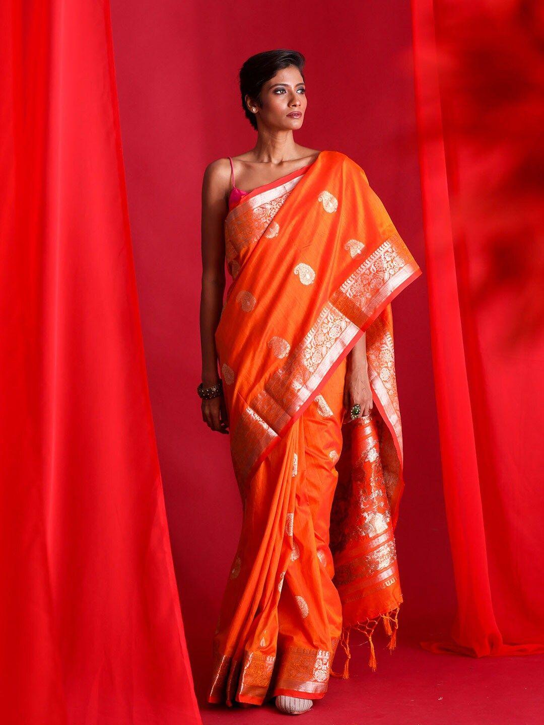 BEATITUDE Orange & Silver-Toned Paisley Zari Silk Blend Banarasi Saree