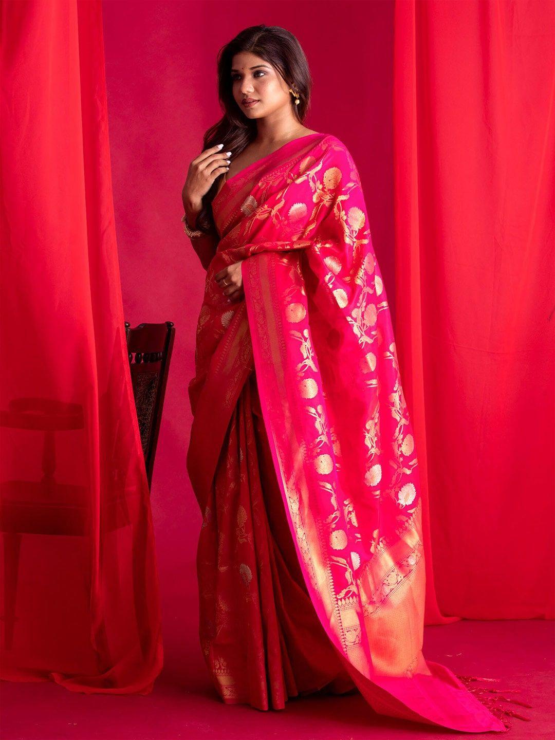 BEATITUDE Pink & Gold-Toned Ethnic Motifs Zari Silk Blend Banarasi Saree