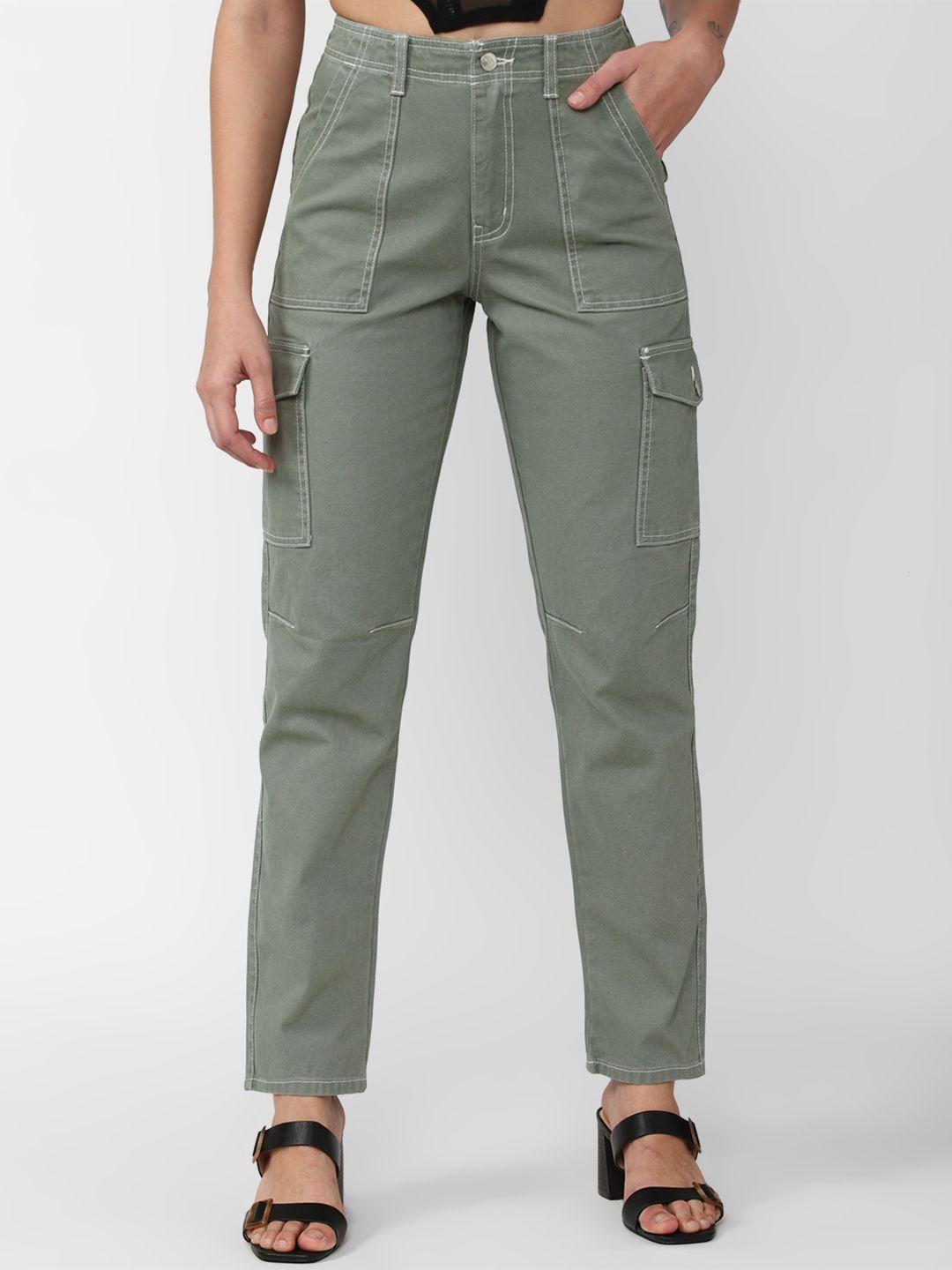 FOREVER 21 Women Grey Pure Cotton Solid Cargos Trouser