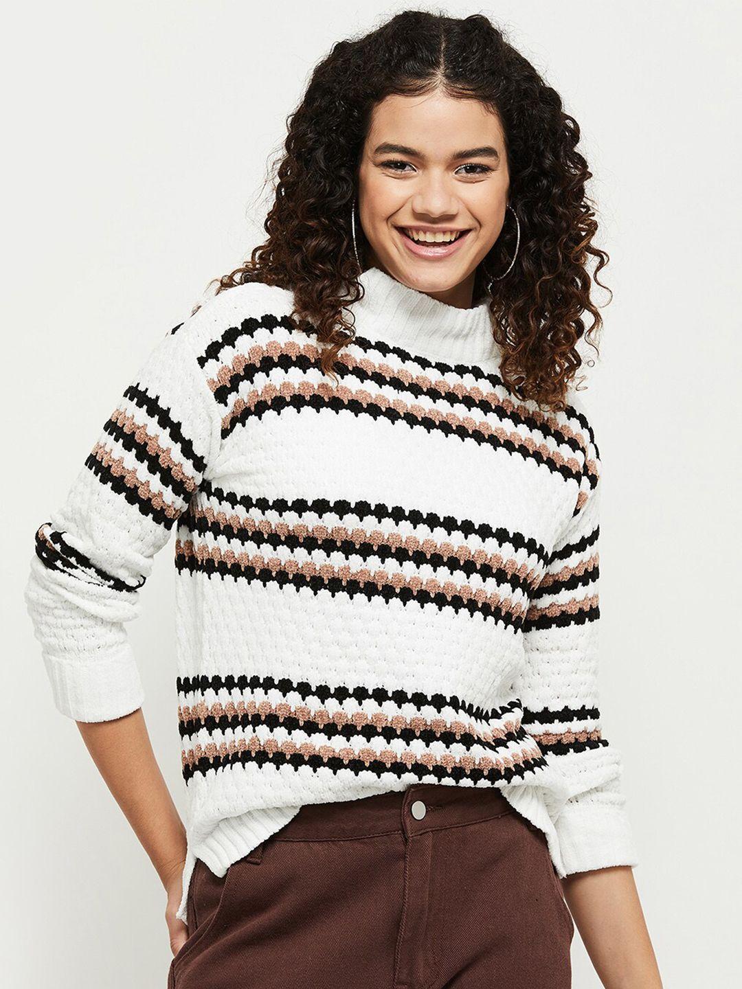 max-women-white-&-black-striped-striped-pullover-sweaters