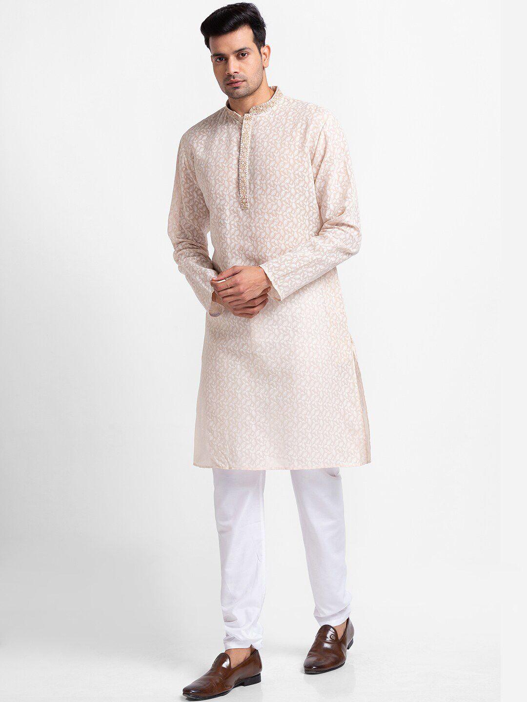 sarvamohan-men-beige-ethnic-motifs-printed-&-thread-work-kurta-with-churidar