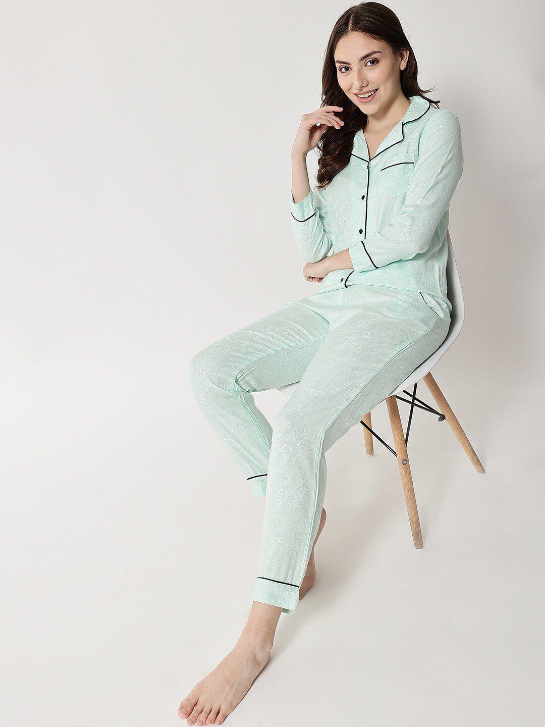 HERE&NOW Women Green & Black Solid Night suit