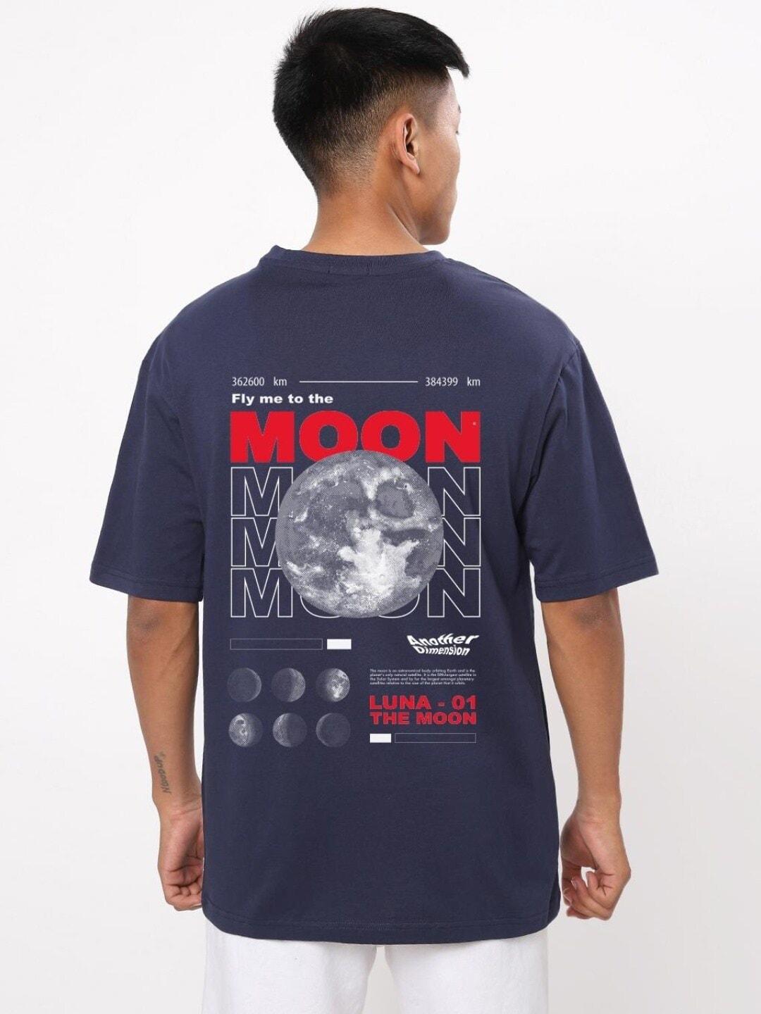 Bewakoof Men Blue Drop-Shoulder Sleeves The Moon Typography Oversized T-shirt