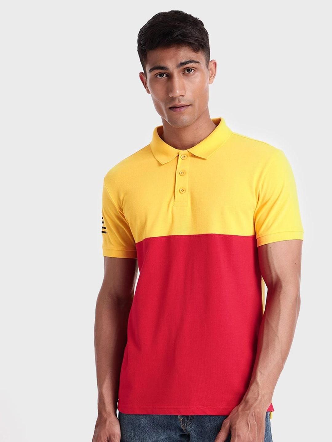 Bewakoof Men Yellow & Red Colourblocked Polo Collar Cotton T-shirt