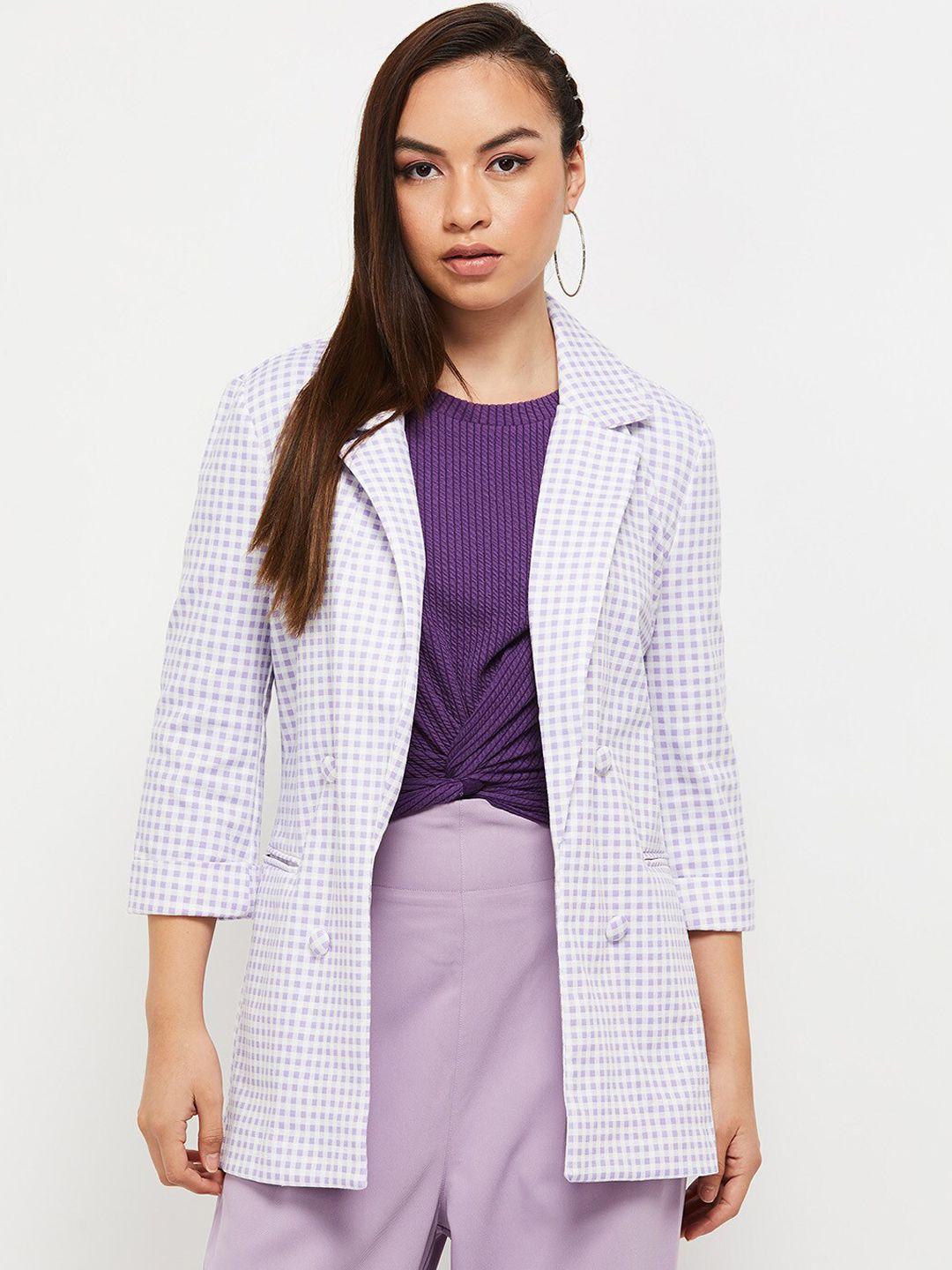 max-women-lavender-white-checked-windcheater-longline-open-front-jacket