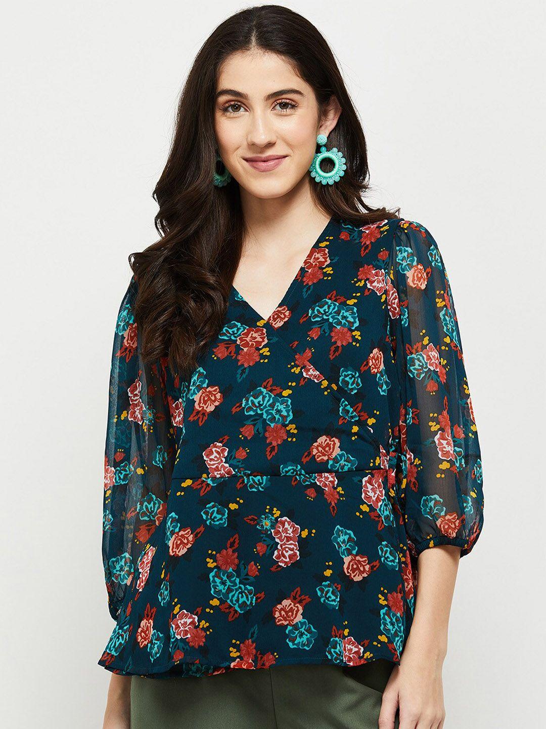 max-women-teal-blue-&-red-floral-print-wrap-top