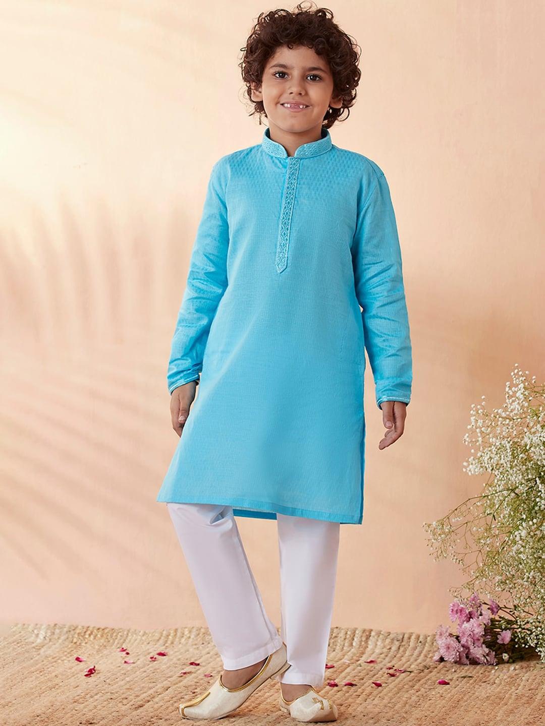 Manyavar Boys Blue Solid Kurta with Pyjamas