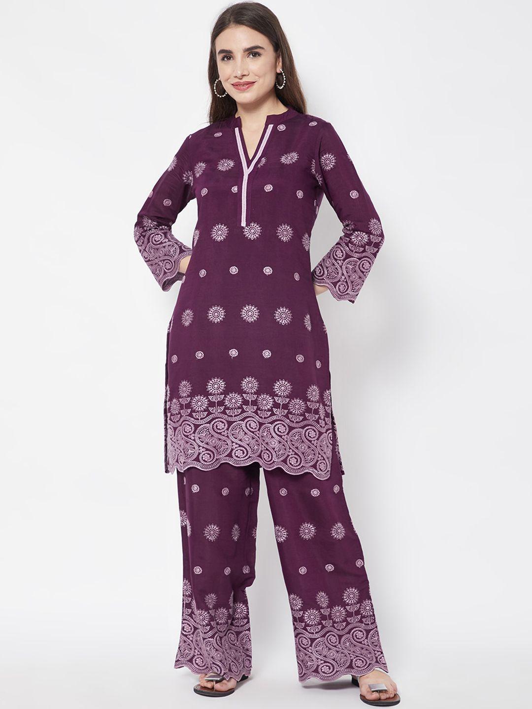 HEEPOSH Women Purple & Lavender Floral Embroidered Kurta with Trousers & With Dupatta