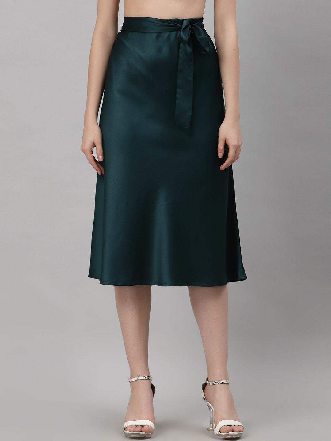 NEUDIS Women Green Solid Satin A-Line Midi Skirt