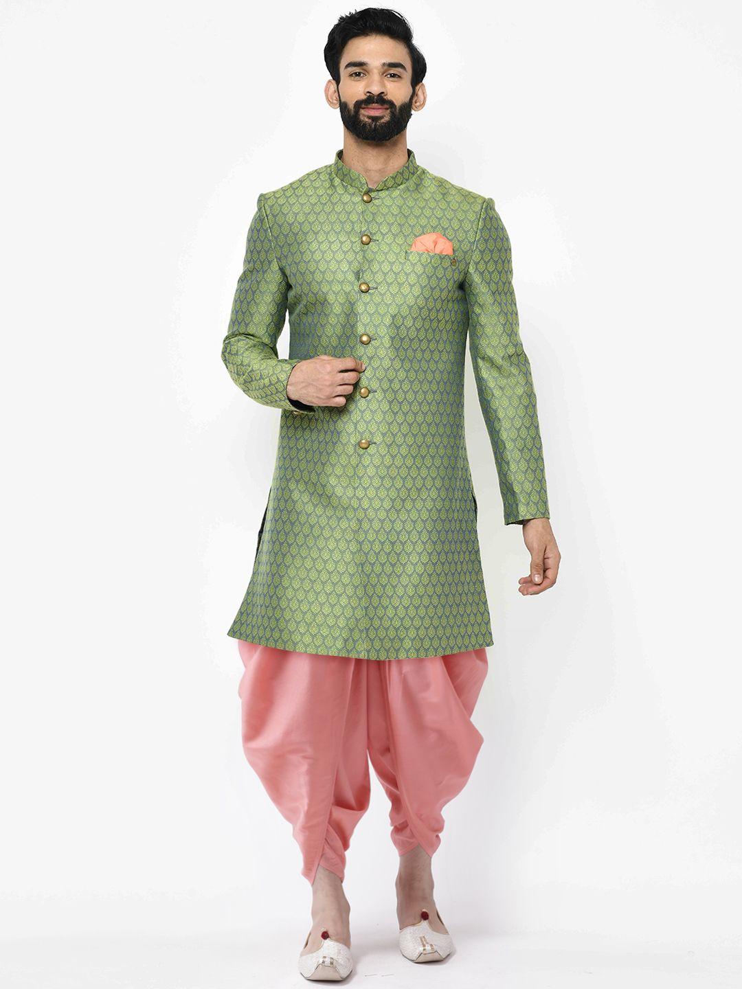 KISAH Men Green Printed Cotton Sherwani Set