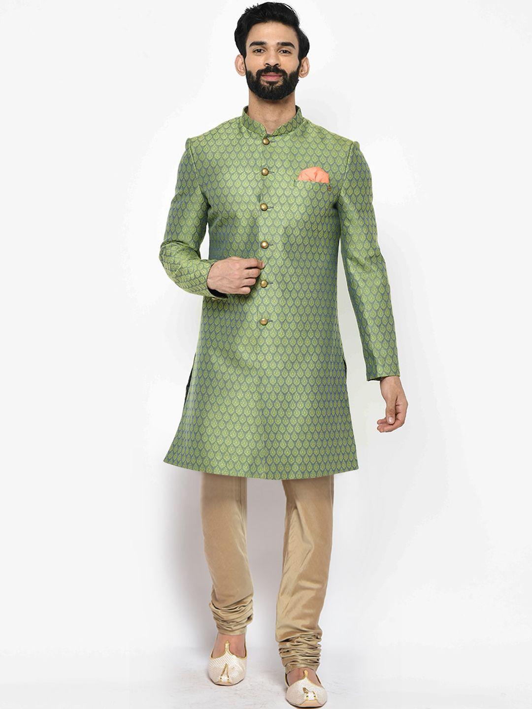 kisah-men-green-&-beige-printed-sherwani-set