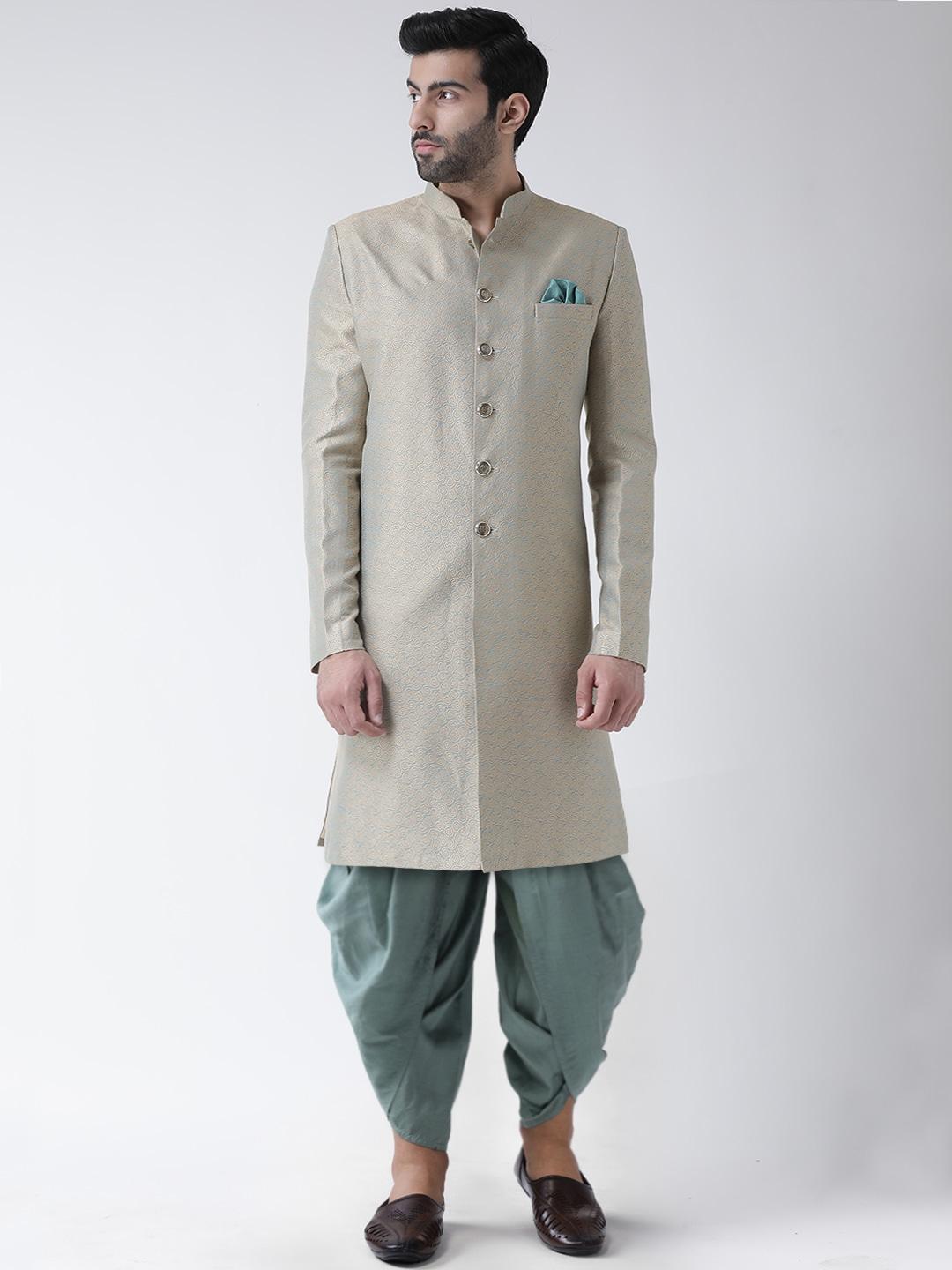 kisah-men-beige-self-design-cotton-sherwani-set