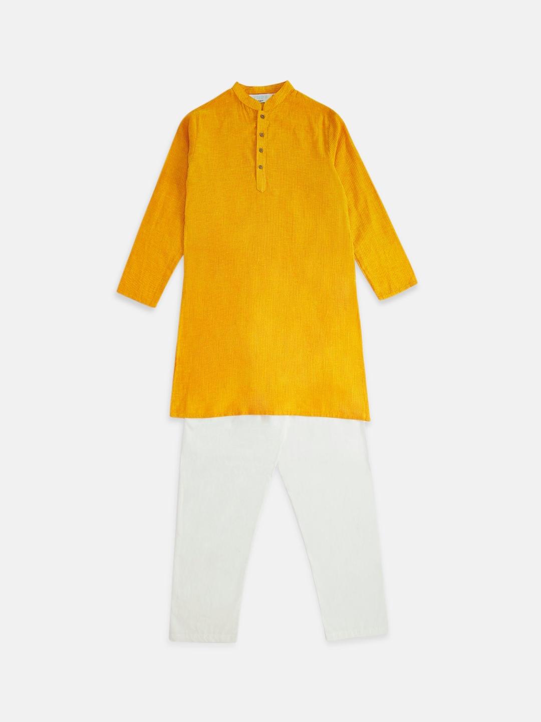 indus route by Pantaloons Boys Mustard Yellow Pure Cotton Kurta with Pyjamas