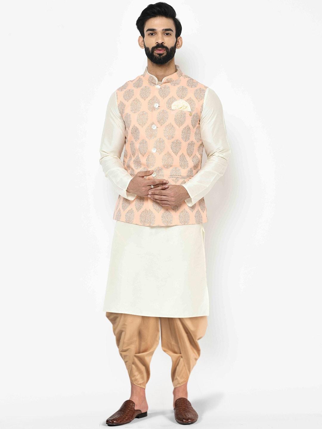 KISAH Men Peach-Coloured Kurta with Dhoti Pants & Woven Design Nehru Jacket