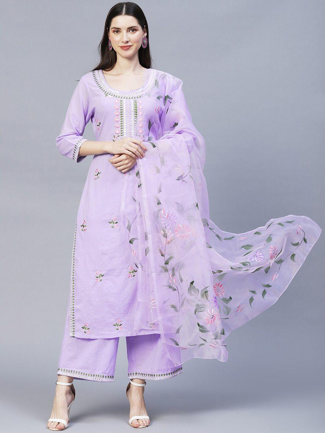FASHOR Women Purple Ethnic Motifs Embroidered Pure Cotton Kurta with Palazzos & Dupatta