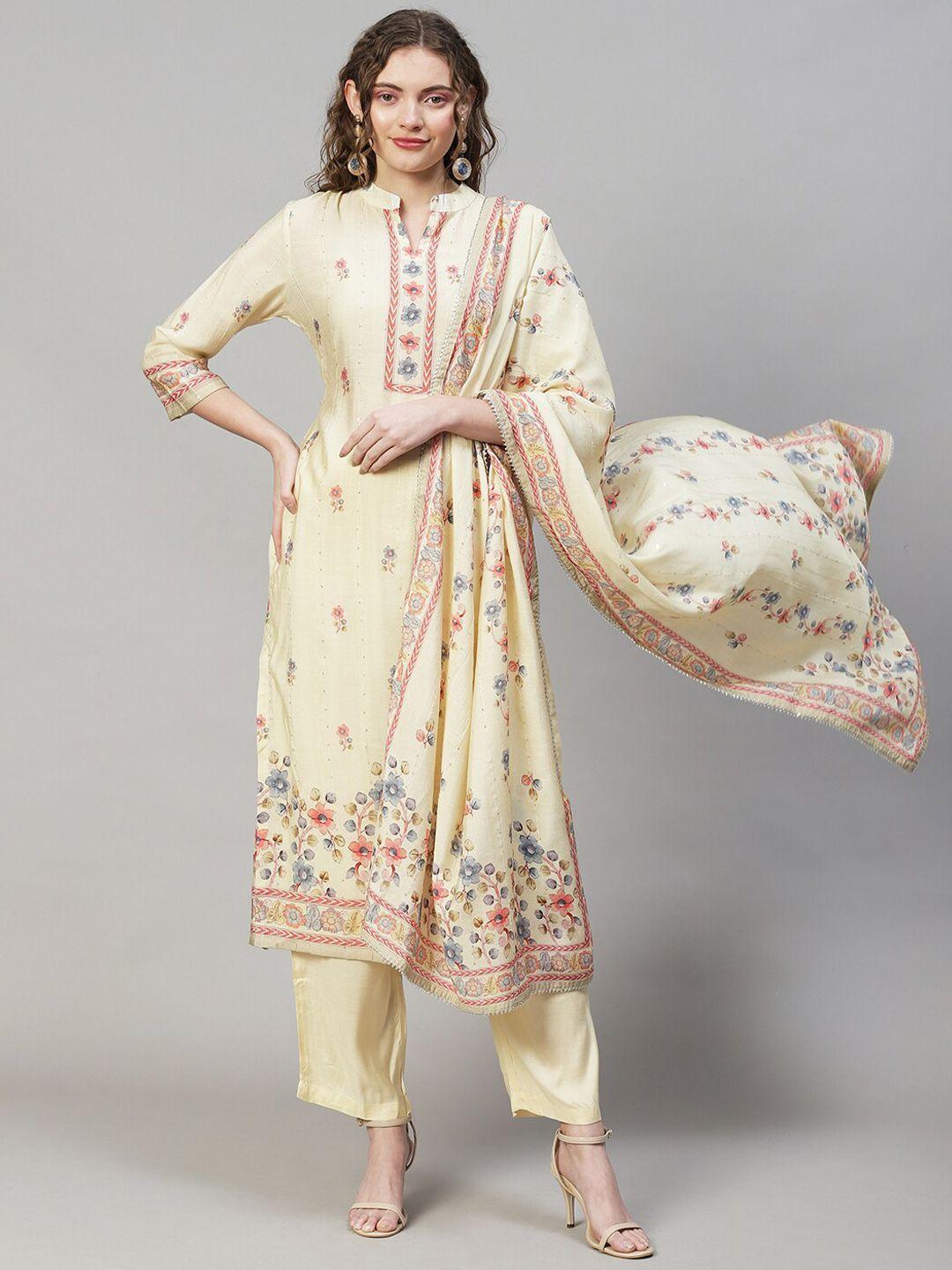 FASHOR Women Cream-Coloured Floral Printed Sequinned Chanderi Silk Kurta with Trousers & With Dupatta