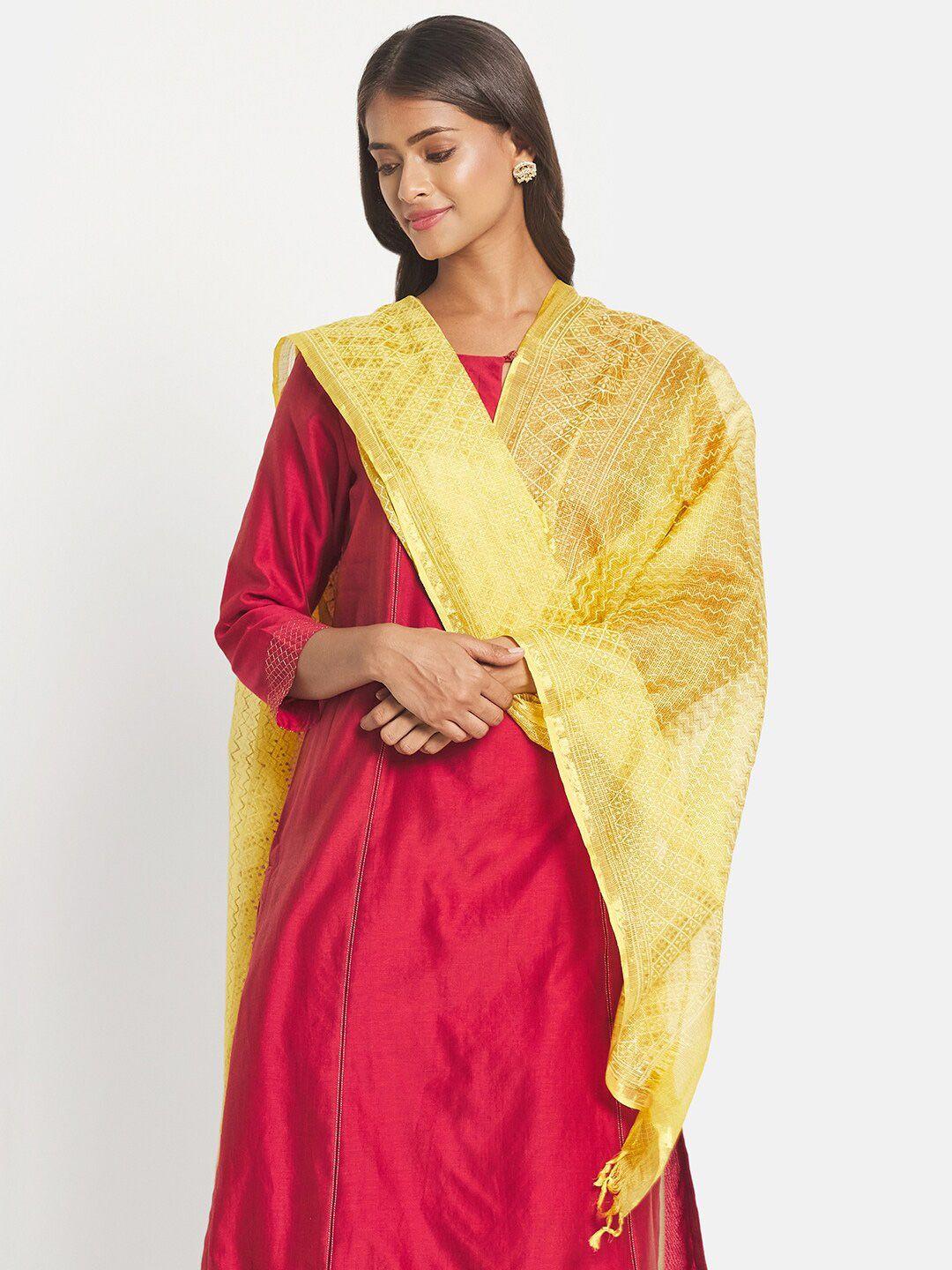 Fabindia Yellow & Gold-Toned Printed Pure Silk Dupatta
