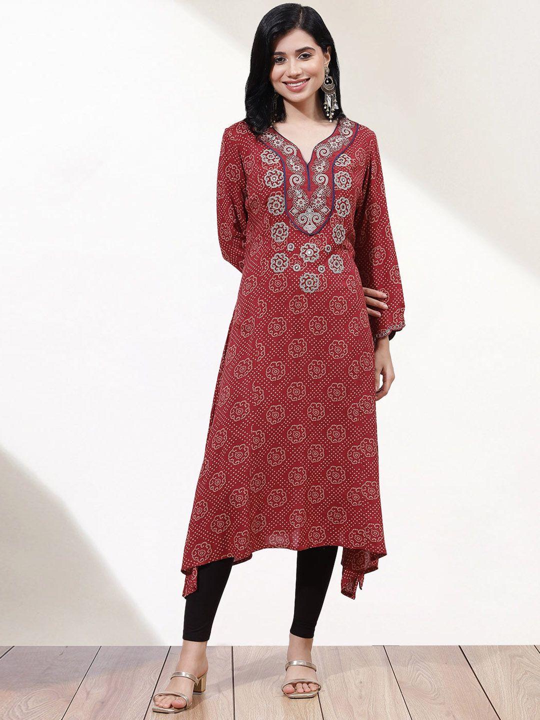 lakshita-women-maroon-&-off-white-ethnic-motifs-printed-flared-sleeves-mirror-work-kurta
