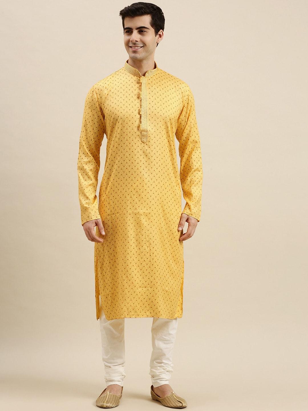 sanwara-men-yellow-printed-pure-cotton-kurta-with-pyjama