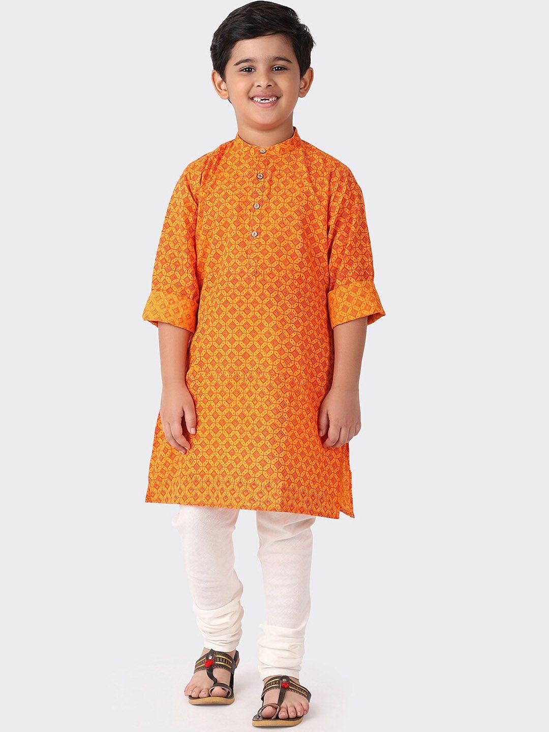 Fabindia Boys Orange Geometric Printed Cotton Long Sleeves Kurta