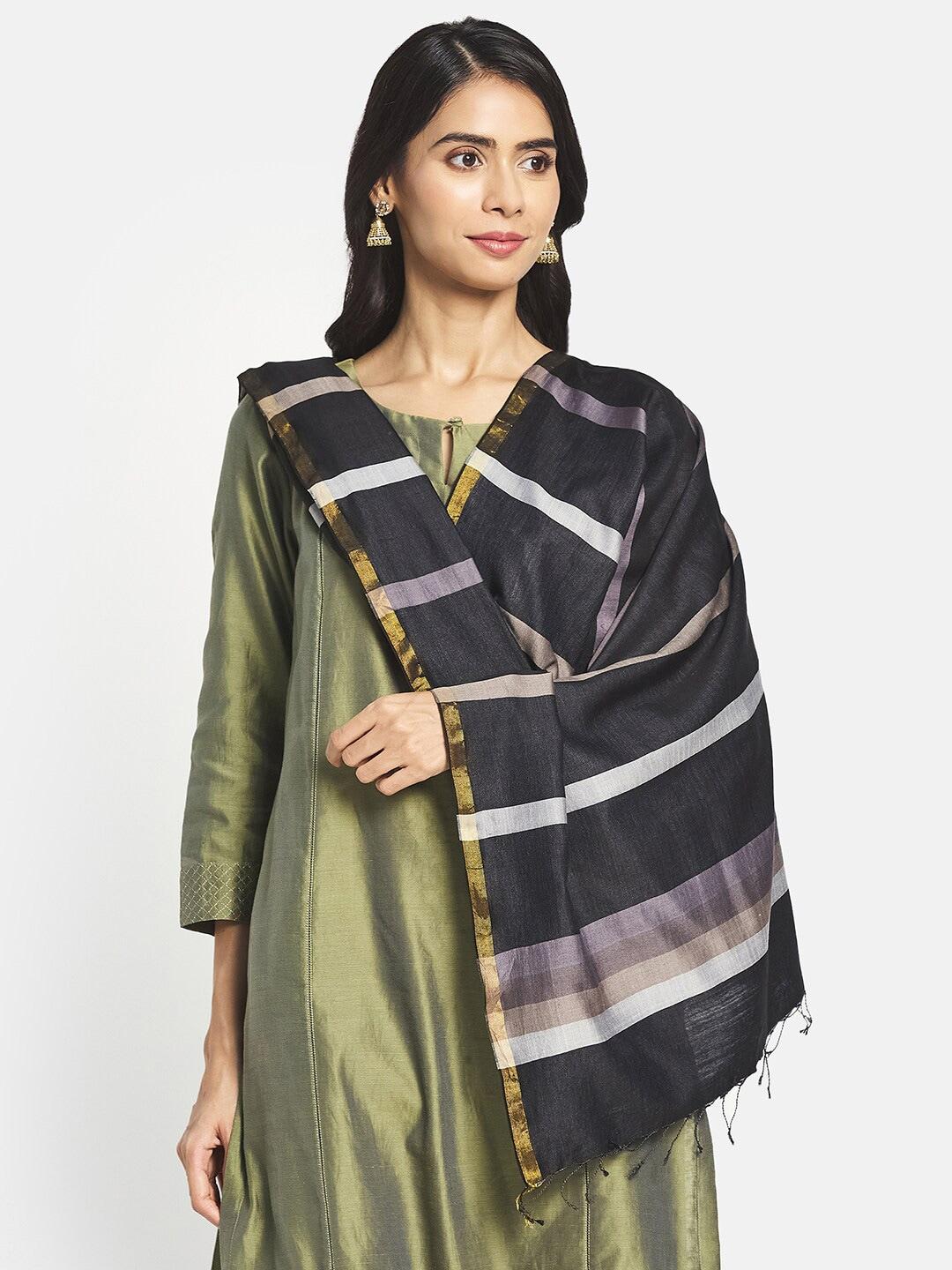 Fabindia Women Black & Gold-Toned Striped Cotton Silk Stole