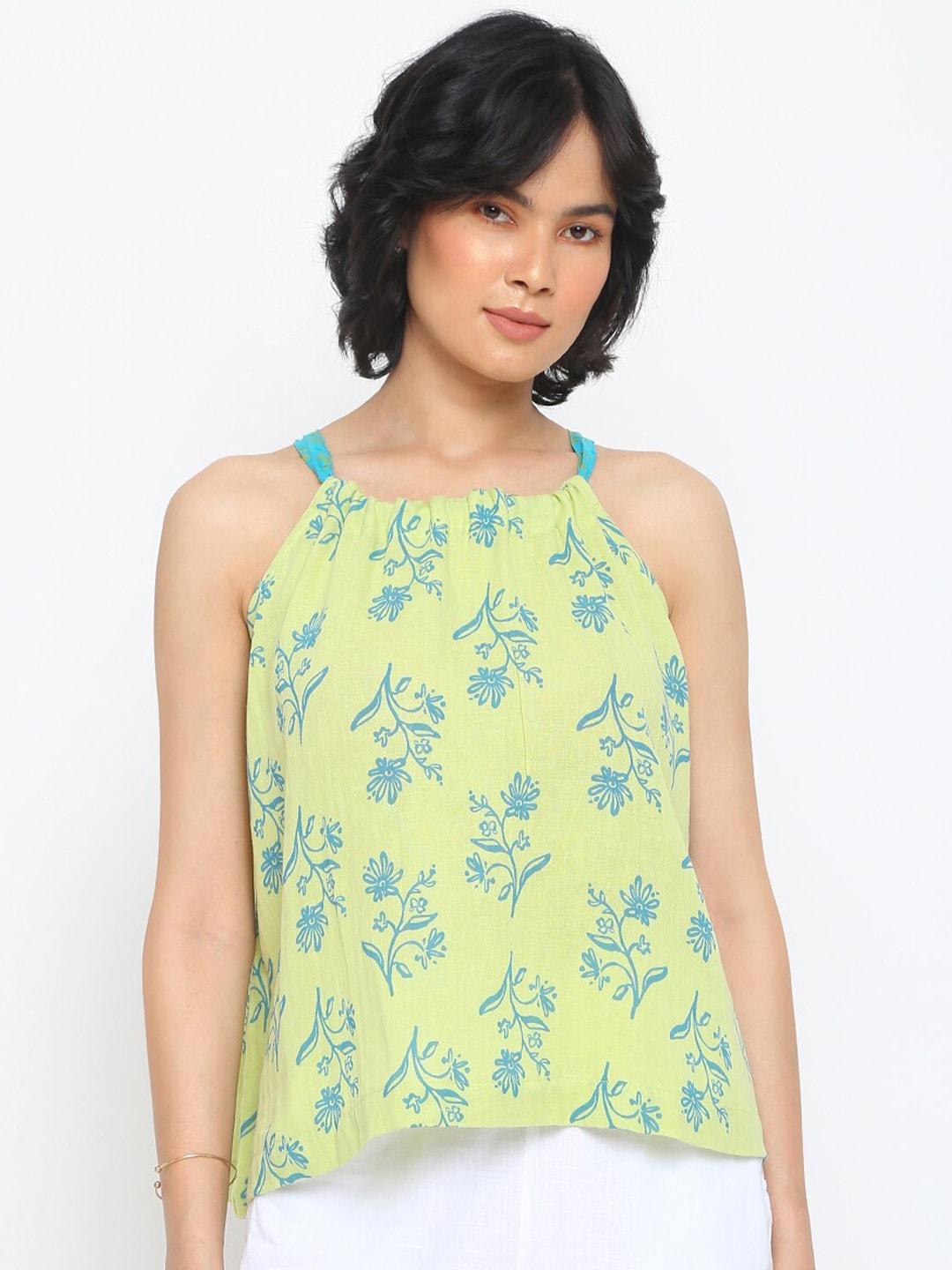 Fabindia Women Green & Blue Floral Print Pure Cotton Top