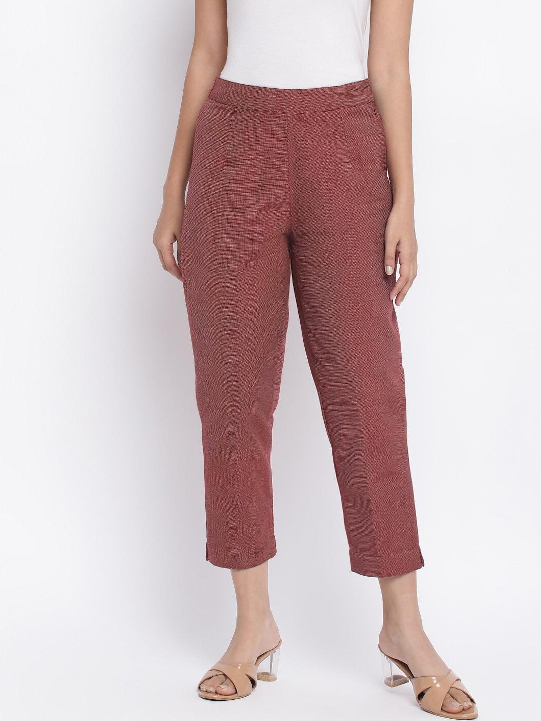 Fabindia Women Rust Textured Slim Fit Easy Wash Trousers